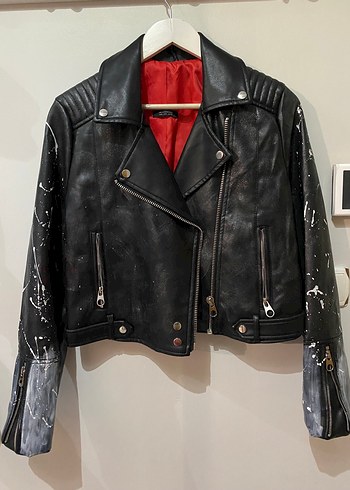 Kadın Siyah Mini Biker Deri Ceket