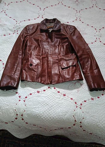 Düğmeli Kahverengi Vintage Deri Kadın Ceket