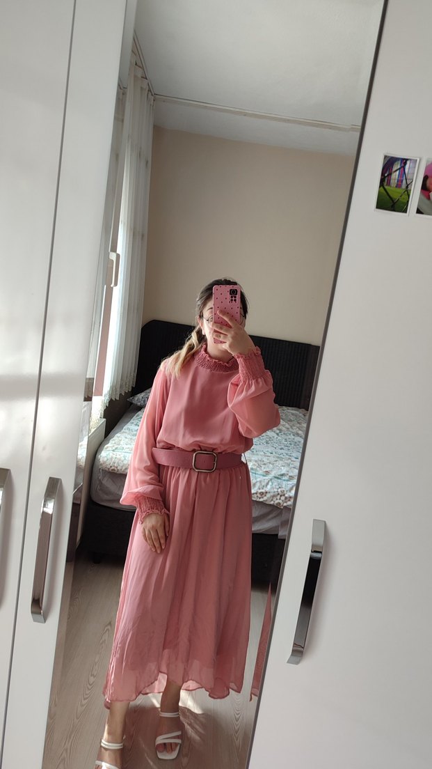 Pembe Kemerli Uzun Bohem Elbise - Görsel 3