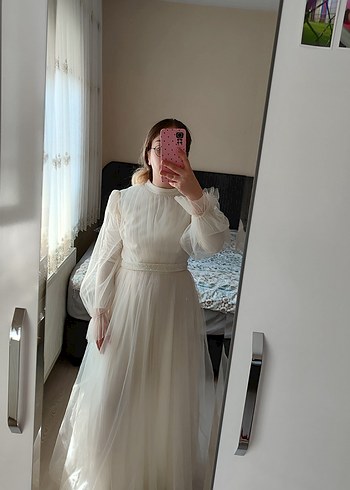 Uzun Kollu, Yüksek Yakalı Bohem A Kesim Gelinlik - Görsel 5