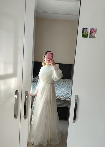 Uzun Kollu, Yüksek Yakalı Bohem A Kesim Gelinlik - Görsel 8