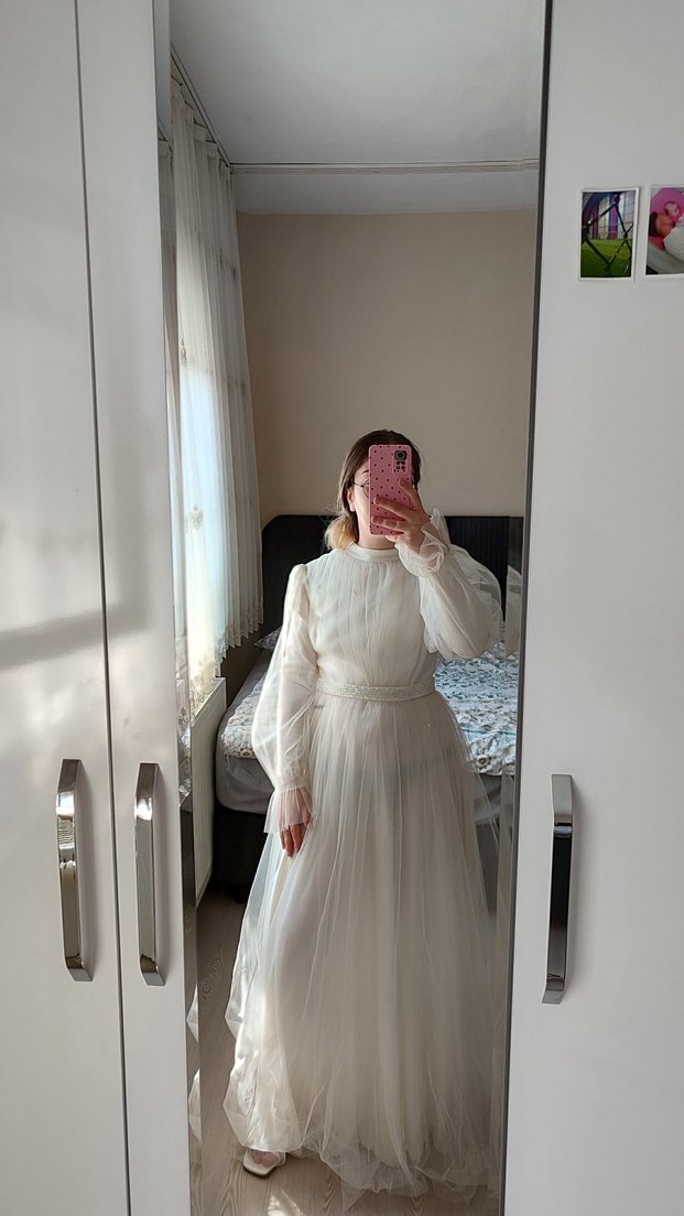 Uzun Kollu, Yüksek Yakalı Bohem A Kesim Gelinlik - Görsel 4