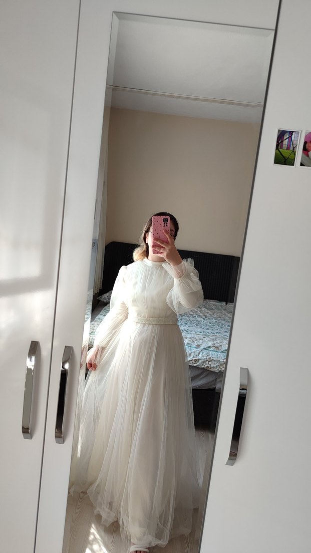 Uzun Kollu, Yüksek Yakalı Bohem A Kesim Gelinlik - Görsel 3