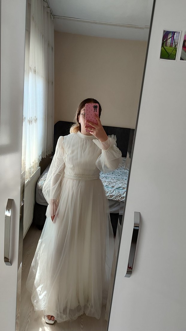 Uzun Kollu, Yüksek Yakalı Bohem A Kesim Gelinlik - Görsel 5