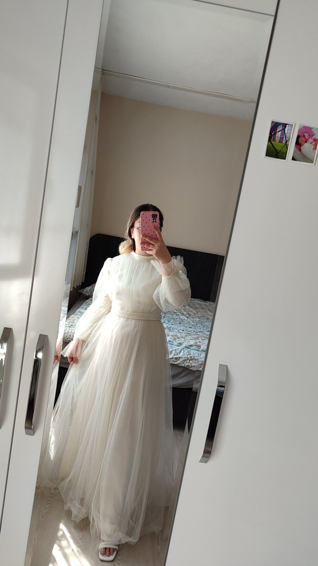 Uzun Kollu, Yüksek Yakalı Bohem A Kesim Gelinlik - Görsel 2