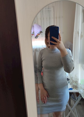 Gri Yüksek Yakalı Midi Triko Elbise - Görsel 3