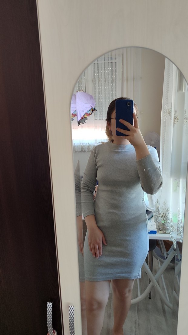 Gri Yüksek Yakalı Midi Triko Elbise - Görsel 2