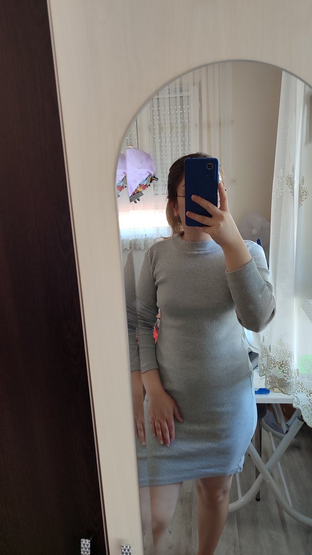 Gri Yüksek Yakalı Midi Triko Elbise - Görsel 3