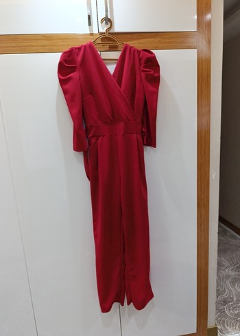 Bordo V Yakalı Uzun Drapeli Kadın Tulum - Görsel 2