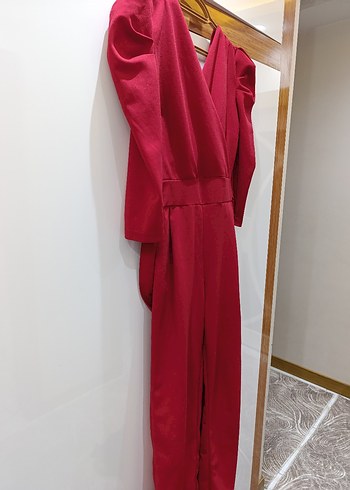 Bordo V Yakalı Uzun Drapeli Kadın Tulum - Görsel 4