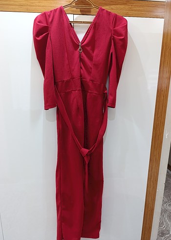 Bordo V Yakalı Uzun Drapeli Kadın Tulum - Görsel 3