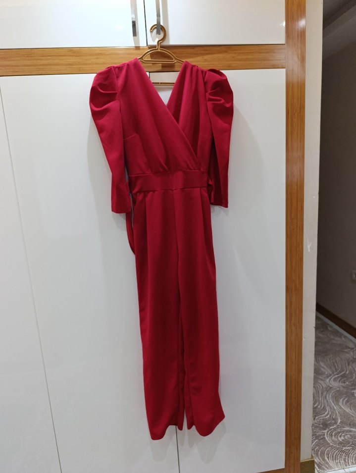 Bordo V Yakalı Uzun Drapeli Kadın Tulum - Görsel 2