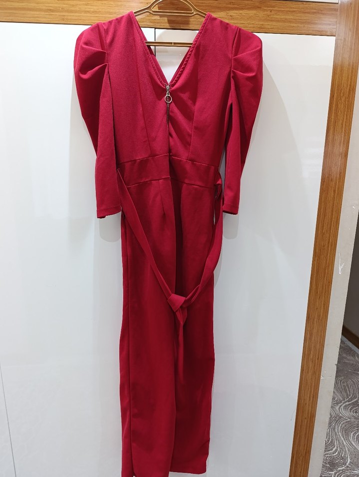 Bordo V Yakalı Uzun Drapeli Kadın Tulum - Görsel 3