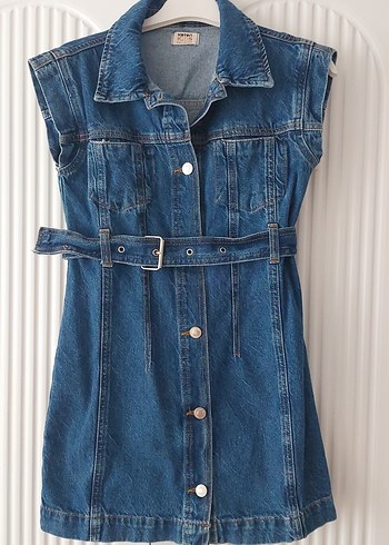 Kadın Mavi Kemerli Kolsuz Denim Ceket