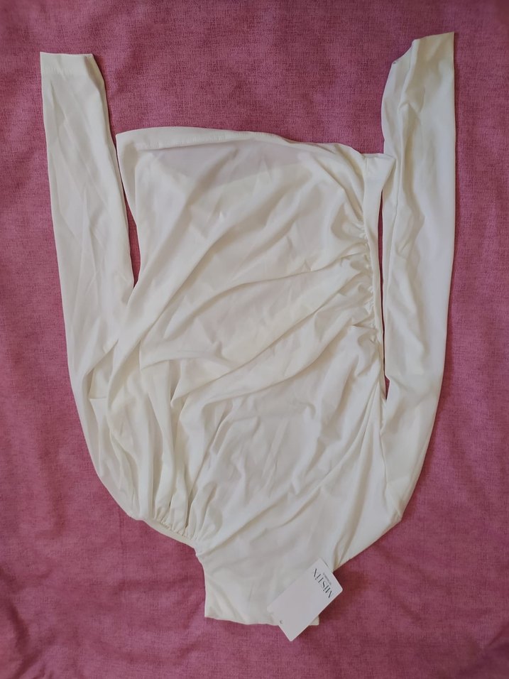 Beyaz Drapeli Straplez Uzun Kollu Bluz - Görsel 2