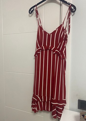 Bordo Çizgili Askılı Mini Elbise