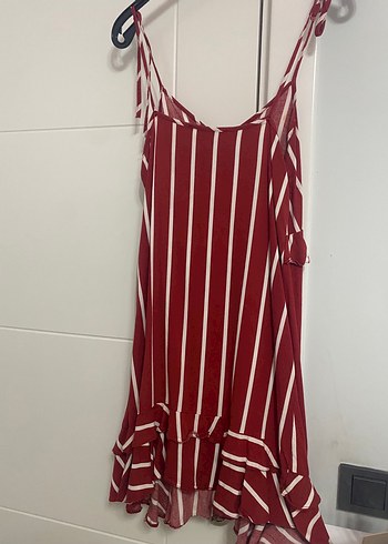 38 Beden Bordo Çizgili Askılı Mini Elbise