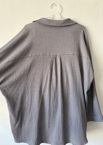 Gri Düğmeli Keten Kadın Gömlek Eşofman Takımı - Görsel 2