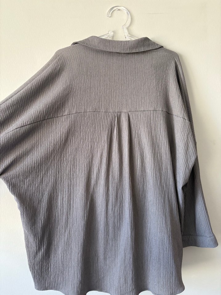 Gri Düğmeli Keten Kadın Gömlek Eşofman Takımı - Görsel 2