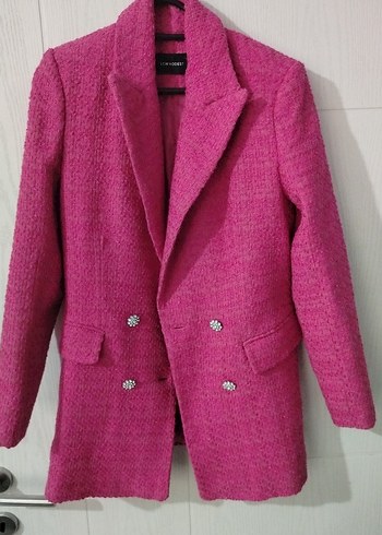 Düğmeli Pembe Kadın Mini Yün Ceket