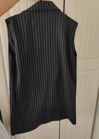 Diğer Gri Çizgili Düğmeli Kolsuz Kadın Blazer pantolon takım