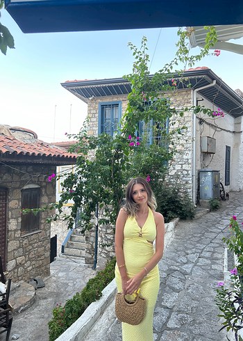 Sarı Bohem sırtı açık Uzun Elbise