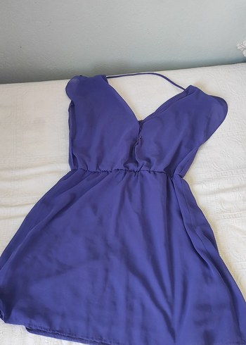 Batik Mor Midi V Yaka Drapeli Kadın Elbise