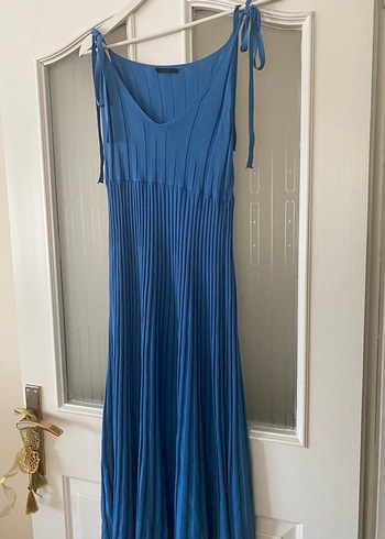Mavi Pilili Uzun Askılı Kadın Elbise - Görsel 2