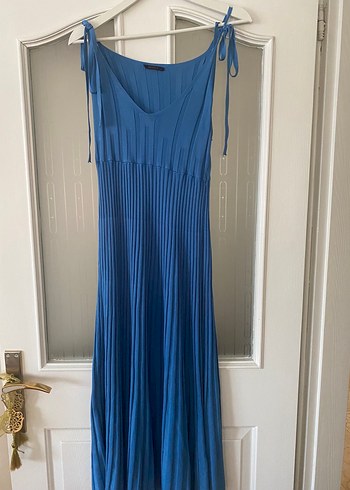 Mavi Pilili Uzun Askılı Kadın Elbise - Görsel 3