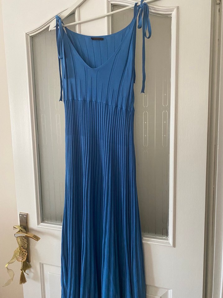 Mavi Pilili Uzun Askılı Kadın Elbise - Görsel 2