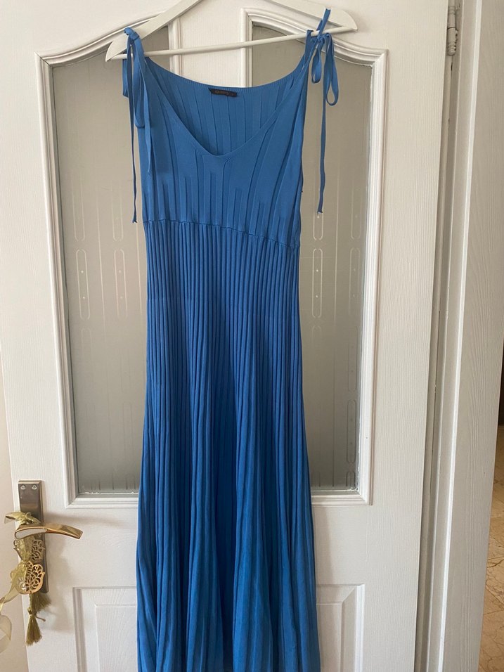 Mavi Pilili Uzun Askılı Kadın Elbise - Görsel 3