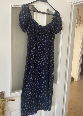 Mavi jeans öpücük yaka yırtmaçlı elbise - Görsel 3