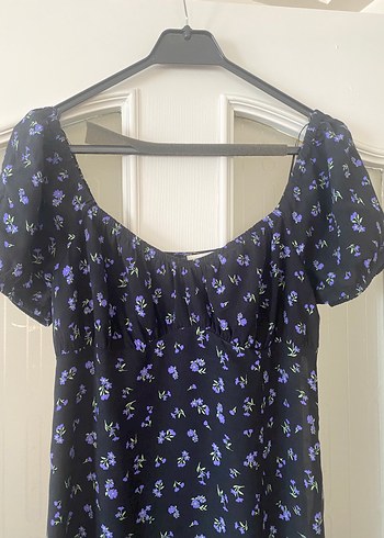 Mavi jeans öpücük yaka yırtmaçlı elbise - Görsel 6