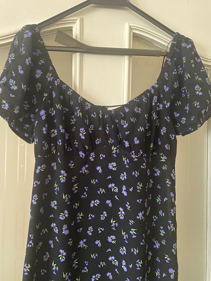 Mavi jeans öpücük yaka yırtmaçlı elbise - Görsel 2