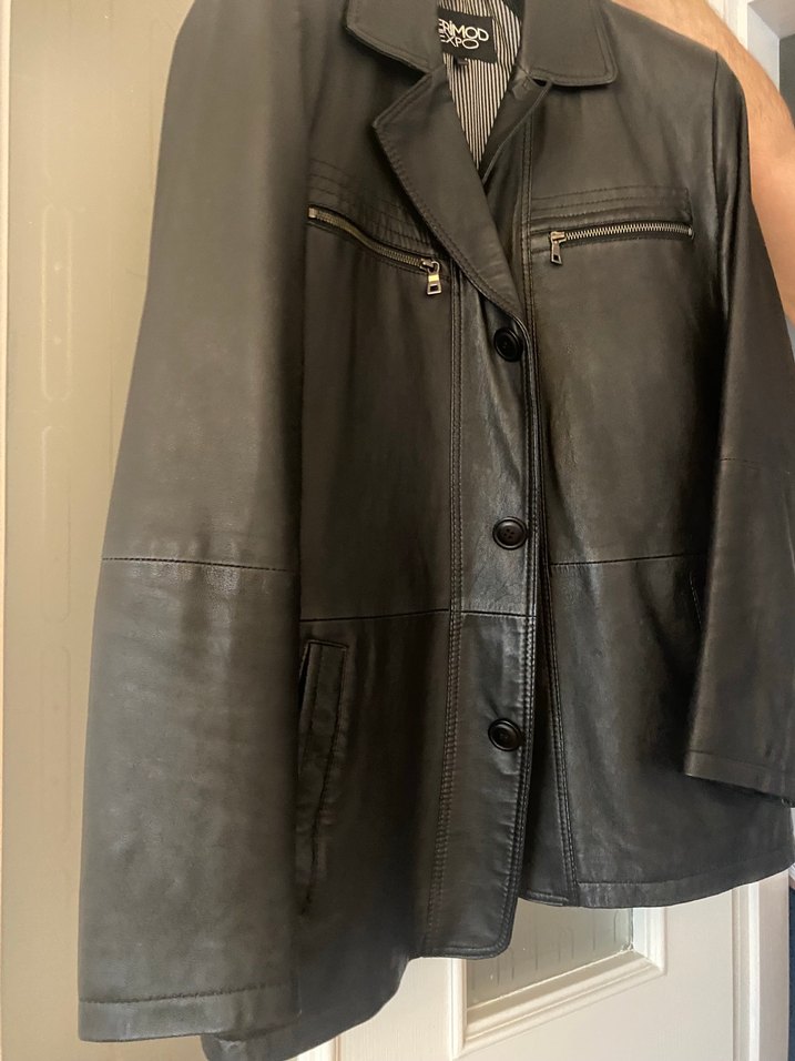 Erkek Deri Siyah Biker Ceket, Düğmeli, Normal Boy - Görsel 3