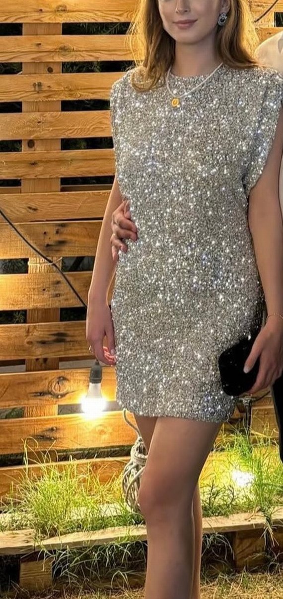 Işıltılı Gri Mini Abiye Elbise - Görsel 3