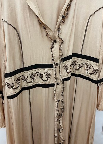 Nakışlı Bej Bohem Kadın Uzun Elbise şık kapşonlu kap - Görsel 7