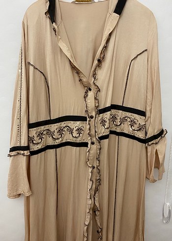 Nakışlı Bej Bohem Kadın Uzun Elbise şık kapşonlu kap - Görsel 2