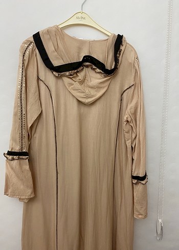 Nakışlı Bej Bohem Kadın Uzun Elbise şık kapşonlu kap - Görsel 5