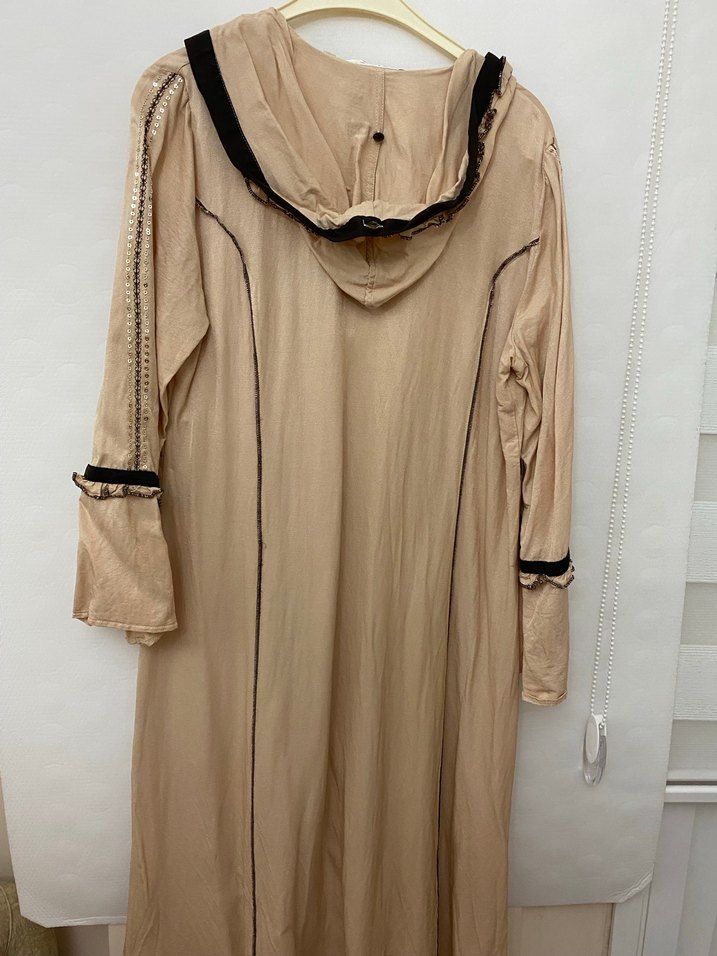 Nakışlı Bej Bohem Kadın Uzun Elbise şık kapşonlu kap - Görsel 4