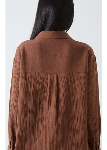 Kadın Kahverengi Düğmeli Keten Gömlek - Görsel 2