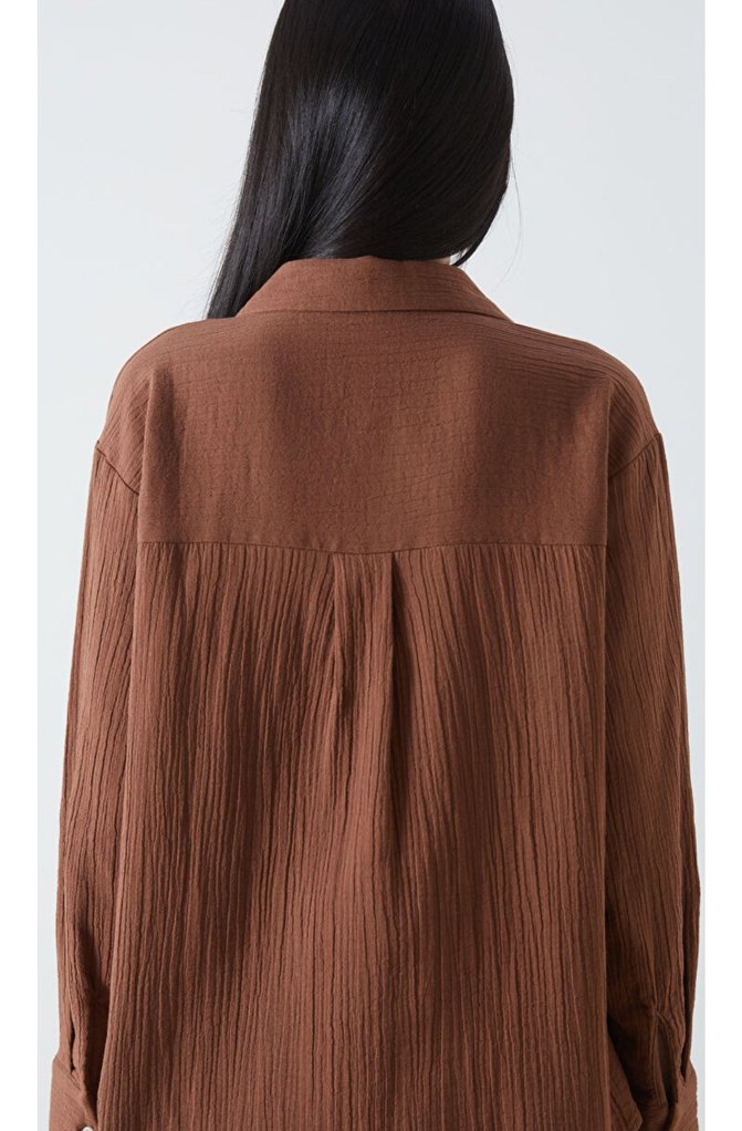 Kadın Kahverengi Düğmeli Keten Gömlek - Görsel 2