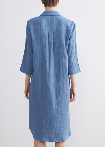 Düğmeli Mavi Midi Keten Elbise - Görsel 2