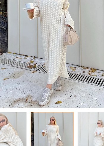 Uzun Beyaz Triko Salaş Elbise - Görsel 2