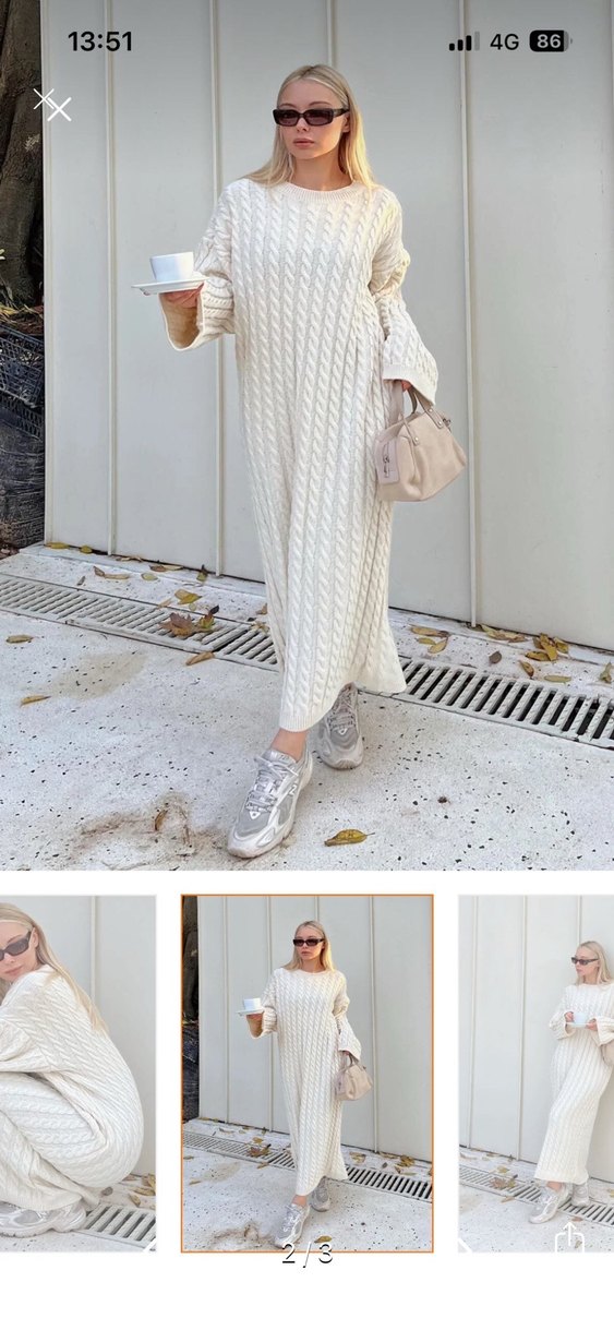 Uzun Beyaz Triko Salaş Elbise - Görsel 2