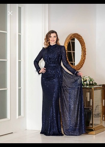 Mavi Parlak Drapeli Straplez Uzun Abiye - Görsel 4