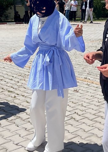 Diğer Mavi Rahat Kesim Keten Kadın Kimono