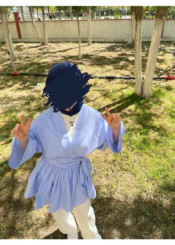 Mavi Rahat Kesim Keten Kadın Kimono