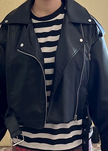 s Beden siyah Renk Kemerli Siyah Mini Biker Deri Ceket
