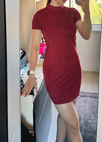 Bordo Yüksek Yakalı Mini kadife Elbise